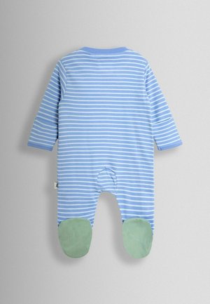 Zils un balts svītrains zīdaiņu kombinezons ar garām piedurknēm, zaļām pēdu detaļām un aizmugurējo aizdares sprādzi vieglākai ģērbšanai.