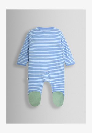Kék-fehér csíkos babaruházat hosszú ujjakkal, zöld láb részletekkel és hátul patentos záródással a könnyű felöltözés érdekében.