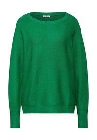 Grön tröja i mjukt, texturerat tyg. Har en bred halsringning, långa ärmar och ribbad mudd samt nederkant. Enkelt design.