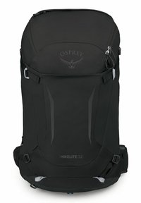 Zwarte Osprey Hikelite 32 rugzak met een textuur aan de buitenkant, ergonomische vorm, reflecterende details, compressiebanden en een verstelbaar harnas systeem.