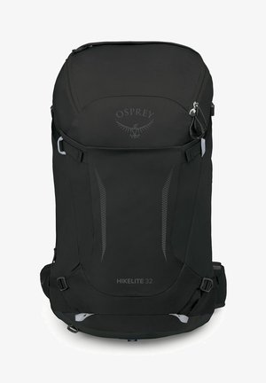 Schwarzer Osprey Hikelite 32 Rucksack mit strukturiertem Äußeren, ergonomischer Form, reflektierenden Details, Kompressionsriemen und verstellbarem Tragesystem.