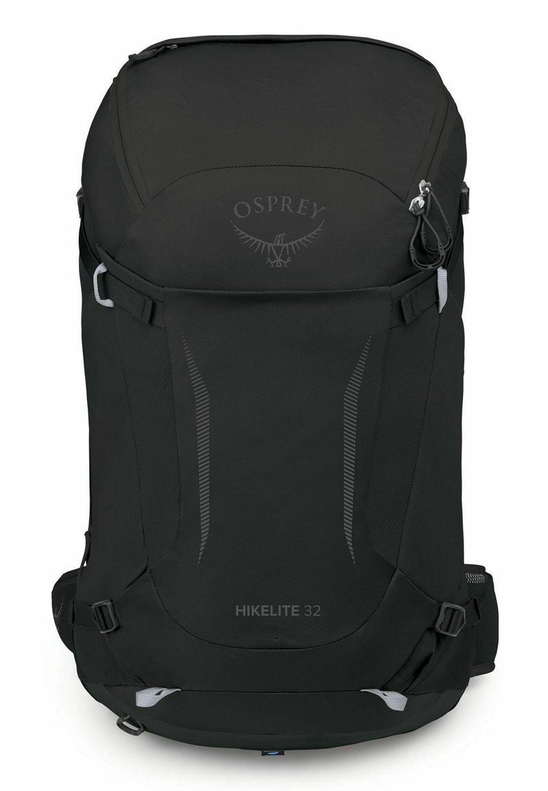 Zwarte Osprey Hikelite 32 rugzak met een textuur aan de buitenkant, ergonomische vorm, reflecterende details, compressiebanden en een verstelbaar harnas systeem.