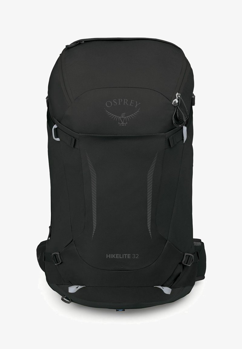 Sac à dos Osprey Hikelite 32 noir avec un extérieur texturé, une forme ergonomique, des détails réfléchissants, des sangles de compression et un système de harnais ajustable.