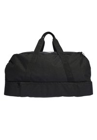 Borsa duffel nera con doppi manici, realizzata in tessuto resistente, con chiusura con zip e fondo piatto per maggiore stabilità.