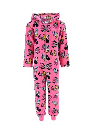 Rosa Fleece-Einteiler mit Kapuze für Kinder, bedeckt mit wiederholten Disney-Figuren, darunter Mickey, Minnie, Donald und Pluto.