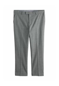 Sivé vzorované nohavice s plochým predným dielom, bočnými vreckami a pútkami na opasok. Materiál vyzerá hladký so subtílnou štruktúrou a strihaný na mieru.