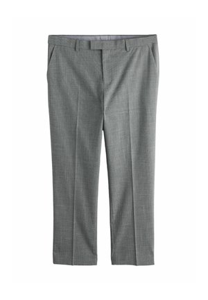 Pilkos raštuotos kelnės su lygiu priekiu, šoniniais kišenėmis ir diržo kilpelėmis. Medžiaga atrodo lygi su subtilia tekstūra ir pritaikyta pagal figūrą.