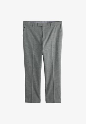 Hallid püksid mustriga, lamedate esipaneelide, küljetaskute ja vööaasadega. Materjal tundub sile, kerge tekstuuriga ja kohandatud lõikega.