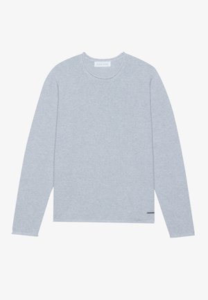 Light gray long-sleeve sweater with a ribbed texture, rounded neckline, and a small black logo accent near the hem. Minimalist design.