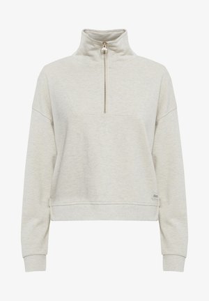 Vaalea harmaa fleece-pullover, jossa on korkea kaulus ja puolivälin vetoketju. Ominaisuuksiin kuuluvat roikkuvat olkapäät, ribbireunat ja pieni logo helmaosassa.