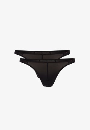 Sort, gennemsigtig mesh-tanga med vandrette striber; har minimal dækning og tynde justerbare stropper. Blød, elastisk talje for pasform.