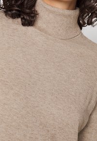 Pull beige à col roulé avec un tissu doux et texturé. Présente un col côtelé et une coupe slim, adapté pour être porté en couche ou seul.
