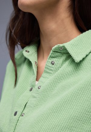 Žena v světle zelené žebrované košili se stříbrnými patentkami, viditelný krk a částečně vlasy na šedém pozadí.