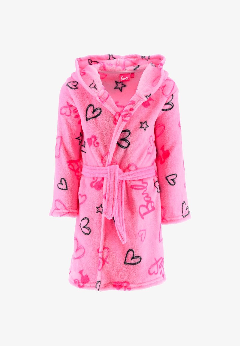 Accappatoio in pile rosa con motivi di cuori e stelle, maniche lunghe, cintura annodata in vita e cappuccio. Texture morbida.