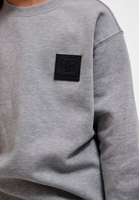 Grå sweatshirt i mjukt tyg med rundad halsringning. Har en svart fyrkantig lapp med logotyp på bröstet. Enkel och avslappnad design.