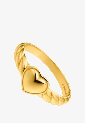 Anillo de oro en forma de corazón con una banda trenzada. El corazón tiene un acabado pulido, mientras que la banda presenta un diseño texturizado.