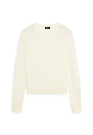 Cremefarvet langærmet sweater med rund halsudskæring, ribbede manchetter og kant, lavet af et blødt strikmateriale. Enkelt, sømløst design.