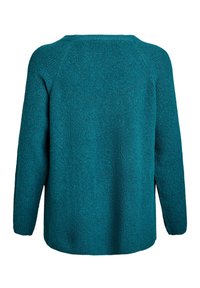 Teal knitted sweater with a textured finish, long sleeves, and a wide neckline. Features a relaxed fit and side slits near the hem.