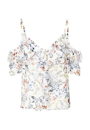 White cold-shoulder blouse with thin straps and ruffled layers, decorated with a delicate floral pattern in soft orange, blue, and green tones.