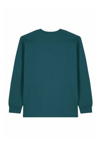 T-shirt à manches longues couleur sarcelle en coton avec un col rond et des poignets côtelés. Le design est simple sans motifs ni graphiques visibles.