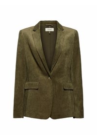 Zielona oliwkowa marynarka z korduroy z wyciętym kołnierzykiem, dwiema przednimi kieszeniami i pojedynczym zapięciem na guzik. Gładka podszewka wewnętrzna.
