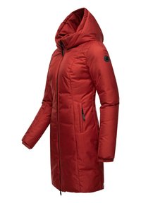 Red puffer coat with a high collar, zip closure, and side pockets. Features elastic cuffs and a logo patch on the left sleeve.