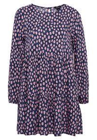 Mörkblå klänning med långa ärmar, prydd med ett rosa och vitt abstrakt mönster. Lager-på-lager design med rund halsringning och detalj med nyckelhål bak.