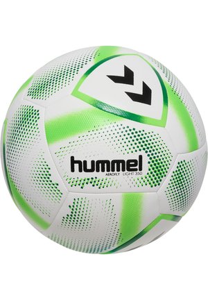 Hvid fodbold med grønne accenter og prikkede mønstre. Har et sort logo "hummel" og teksten "AEROFly LIGHT 350" vist tydeligt.