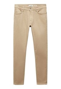 Jeans skinny beige de algodón, con cinco bolsillos, cierre de cremallera, botón de metal, y sutiles acentos de costura.