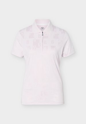 Svetloružové krátke rukávy polo tričko s jemným károvaným vzorom, golierom a predným zipsom prechádzajúcim od výstrihu.