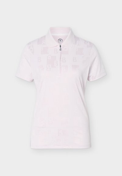 Polo à manches courtes rose clair avec un motif discret en damier, un col et une fermeture éclair à l'avant partant de l'encolure.