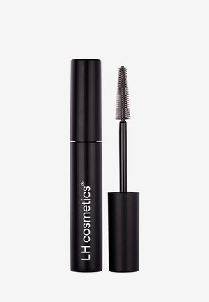 Svart LH cosmetics mascara tube med påføringskost med fine børster, vist mot en hvit bakgrunn.