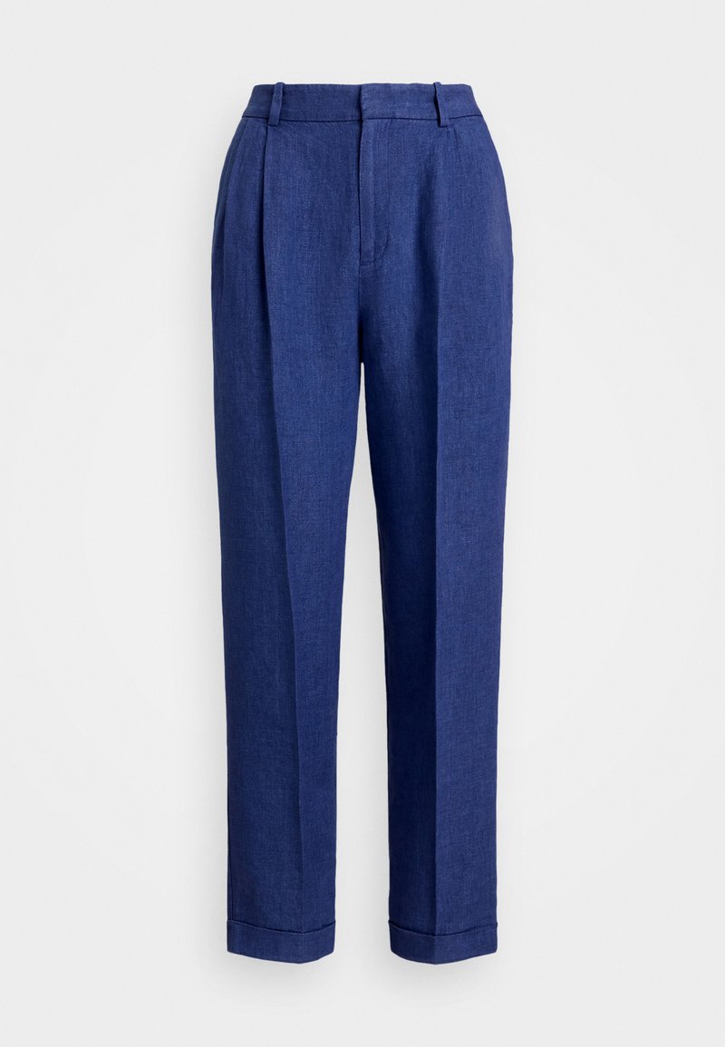 Pantaloni din in albastru, cu talie înaltă, față pliată și tivuri mansete. Prezintă o textură netedă și un design croșetat pentru un fit structurat.