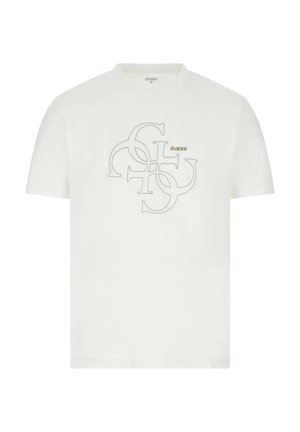 T-shirt bianca a maniche corte con grandi lettere grigie intrecciate e piccolo logo verde "GUESS" al centro del petto.