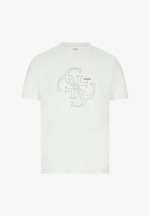 T-shirt bianca a maniche corte con grandi lettere grigie intrecciate e piccolo logo verde "GUESS" al centro del petto.