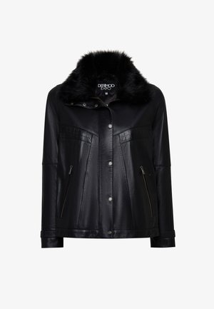 Black leather jacket with a faux fur collar, zippered side pockets, and ribbed detailing on the upper front. Smooth texture.
