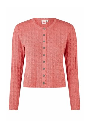 Cardigan rose en maille torsadée avec encolure ronde et sept boutons métalliques décoratifs sur le devant, manches longues et taille ajustée.