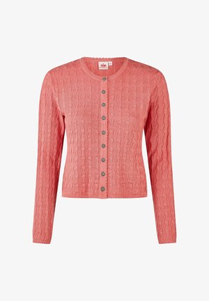 Cardigan rose en maille torsadée avec encolure ronde et sept boutons métalliques décoratifs sur le devant, manches longues et taille ajustée.
