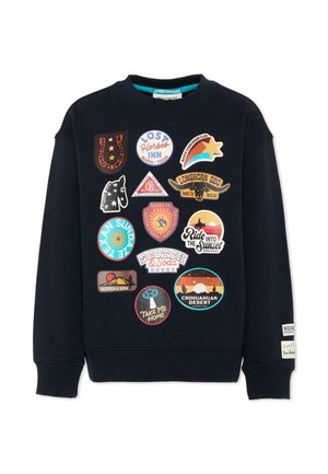 Felpa blu navy con toppe colorate che rappresentano temi del Texas come Longhorn BBQ, deserto di Chihuahuan, cavalli, tramonti e slogan giocosi.