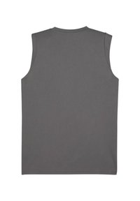 Top grigio senza maniche realizzato in un tessuto liscio. Presenta un collo a giro e un design semplice e pulito, senza ulteriori decorazioni.