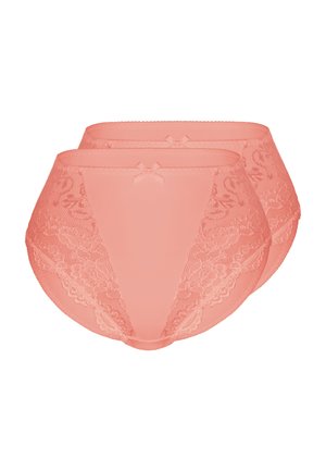 Paar korallenrote Damen-Spitzenhöschen mit hoher Taille, kleinen vorderen Schleifen und floralen Mesh-Details an den Seiten.