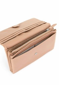 Light beige wallet made of textured leather. Features a zippered compartment, card slots, and a snap closure on the front.