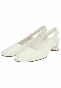 Tacchi slingback bianchi con punta quadrata, realizzati in materiale sintetico liscio. Presentano un tacco basso a blocco e un design minimalista.