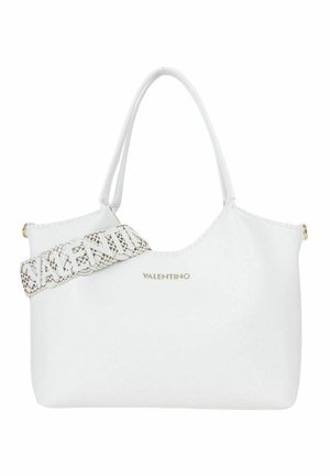 Borsa a mano Valentino bianca con doppi manici e una tracolla larga intrecciata aggiuntiva, logo oro al centro della parte frontale.