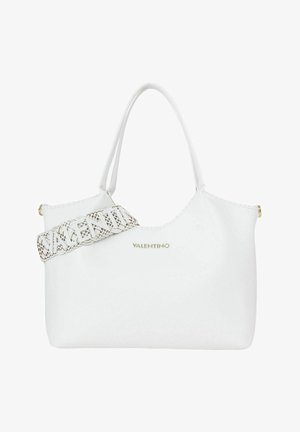 Borsa a mano Valentino bianca con doppi manici e una tracolla larga intrecciata aggiuntiva, logo oro al centro della parte frontale.