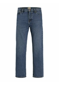 Jean en denim bleu avec une coupe droite, dotés d'une fermeture à bouton, de cinq poches et d'un délavage minimal pour un look classique.