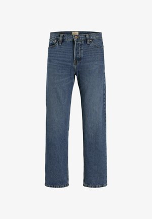 Siniset farkut, joissa on suora lahje, nappikiinnitys, viisi taskua ja minimaalinen kuluminen klassista ilmettä varten.