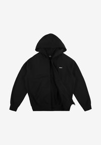 Czarna bluza z kapturem na zamek, z przednimi kieszeniami i małym logo na lewej piersi. Wykonana z miękkiej, teksturowanej tkaniny.