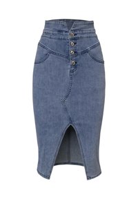 Jupe crayon en denim bleu clair avec taille haute, devant à cinq boutons et fente avant. Présente des coutures courbes et des éléments de design sculptés.