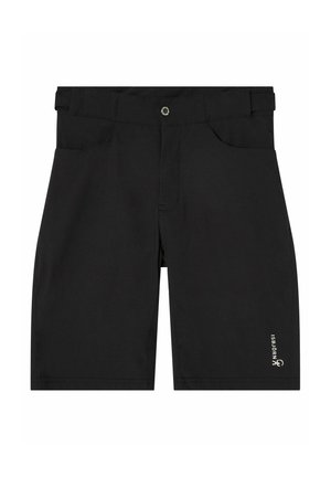 Sorte shorts til knæet med frontlommer, bæltestropper, knaplukning og lille hvidt logo på det nederste højre ben.